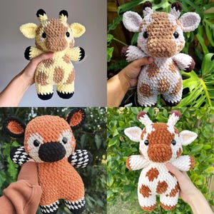 May include: Four crocheted stuffed animals: a yellow and brown giraffe, a white and brown giraffe, a brown and white giraffe, and a brown and black deer. The animals are all holding their heads up and have big eyes.
