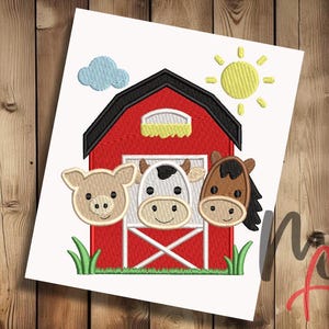 May include: An embroidered design of a red barn with a black roof, a yellow sun, and a blue cloud. The barn has a white door with a pig, cow, and horse peeking out. Green grass is at the bottom.