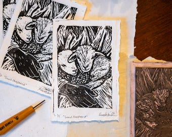 Good Shepherd Block Print | 4 x 6 Inch | Stamp Carving Handmade | Christian Art