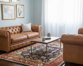 Traditional Turkish Style Area Rug - Boho Border, Washable Polyester