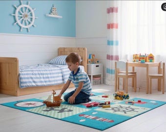 Pirate Nursery Rug, Kids Play Mat, Blue Ocean Theme