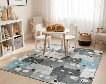 Happy Cats Kids Rug, Modern Nursery Play Mat