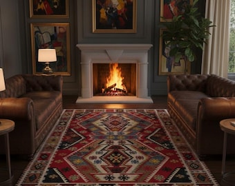 Alfombra de estilo turco bohemio desgastada con borde tradicional, lavable