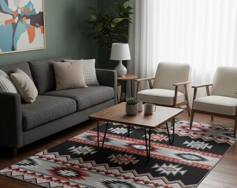 Southwestern Area Rug - Aztec Tribal Design, Black, Red, and Gray Accent Rug