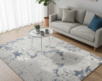 Abstract Blue Modern Living Room Rug, Polyester 50mm Pile
