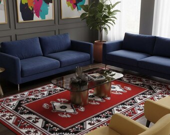 Red Turkish Style Area Rug, Traditional Border Design