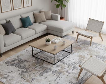 Abstract Light Grey Living Room Rug, Modern 3D Design