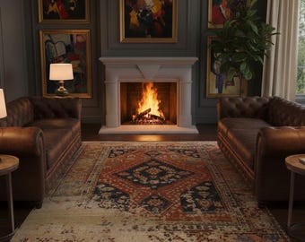 Distressed Boho Turkish Style Rug, Traditional Border, Washable Carpet