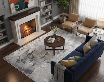 Abstract Gray Area Rug, Modern Distressed, Living Room