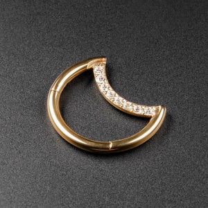 May include: A gold crescent moon shaped hoop earring with a row of clear cubic zirconia stones.