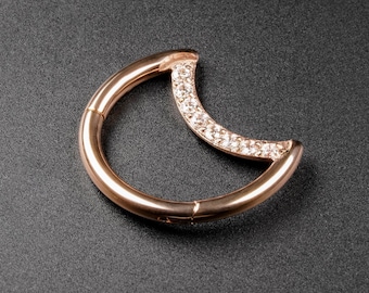 Crescent Bejewelled Rose Gold PVD Titanium Hinged Segment Daith Earring | Titanium Daith Ring | Daith Piercing Earring Hoop Stud