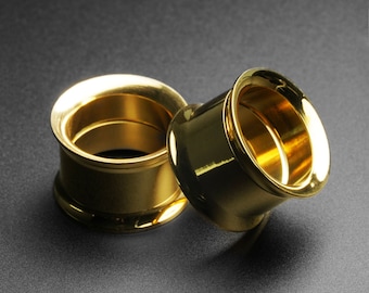 Gold PVD Double Flare Screw Fit Tunnel (Internally Threaded) | 316L Surgical Steel Ear Gauges For Stretched Ears | Flesh Tunnels