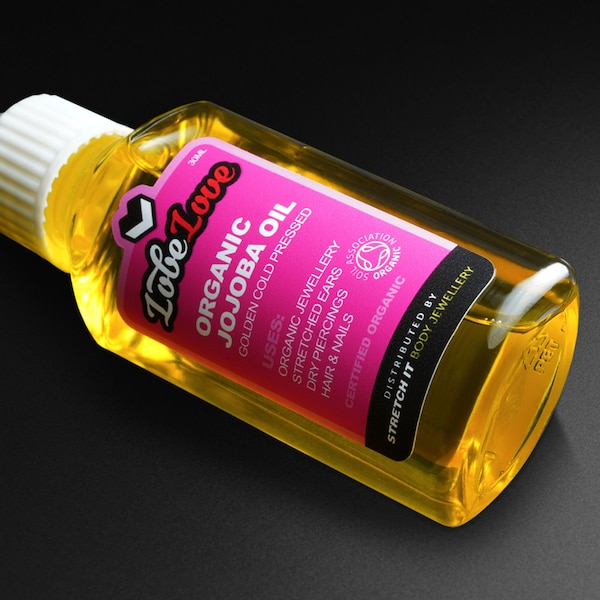 Organic Golden Jojoba Oil by SIBJ's LobeLove™ | 30ml Easy-use Bottle | A Must For Ear Stretching | Soil Assoc. Certified |