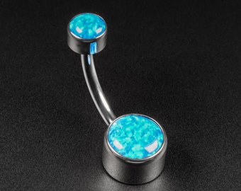 Double Pacific Blue Synth Opal Bezel Set Internally Threaded Titanium Belly Bar | Belly Button Navel Jewelry | Mirror Polish Belly Ring