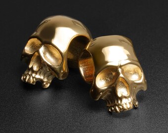 3D Skull Gold PVD Saddle Ear Weight Hanger | Ear Weight Gauges For Stretched Ears | Mirror Polish | Ear Lobe Hangers