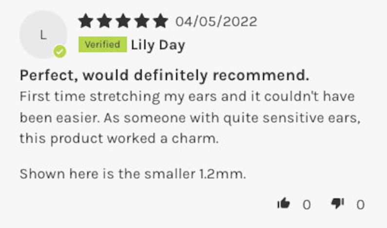 Pode incluir: Cinco estrelas de avalia&ccedil;&atilde;o para joias de alongamento de orelhas. A avalia&ccedil;&atilde;o diz: "Perfeito, recomendaria sem d&uacute;vida. A primeira vez que esticar minhas orelhas e n&atilde;o poderia ter sido mais f&aacute;cil. Como algu&eacute;m com orelhas bastante sens&iacute;veis, este produto funcionou maravilhosamente. Aqui est&aacute; mostrado o tamanho menor de 1,2 mm."