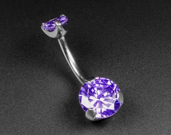 May include: A silver belly button ring with a large, round, purple gemstone.