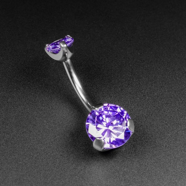 Double Tanzanite Blue Jewelled Internally Threaded Titanium Belly Bar | Belly Button Navel Jewelry | Mirror Polish Belly Ring