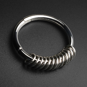 May include: A silver metal ring with a series of smaller rings attached to it. The smaller rings are stacked on top of each other and form a spiral shape.