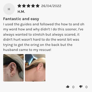 May include: Two close-up photos of a person's ear with multiple piercings. The piercings include a helix piercing, a conch piercing, and a lobe piercing. The person has blonde hair.