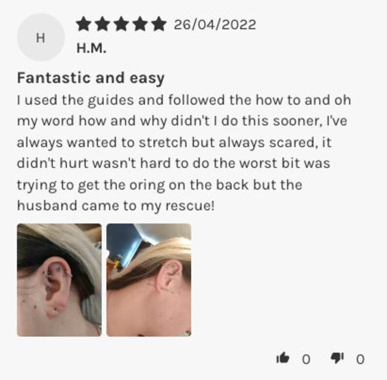 May include: Two close-up photos of a person's ear with multiple piercings. The piercings include a helix piercing, a conch piercing, and a lobe piercing. The person has blonde hair.