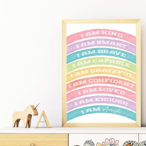 Personalized Affirmations for Kids, Rainbow Affirmation Print, I am Kind smart, Girl Positive affirmation, Nursery Decor, PRINTABLE Wall Art