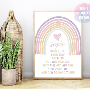 Personalized girls inspirational quote print, Printable wall art, Positive affirmations, Rainbow Affirmations, kids room rainbow, boho art