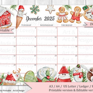 EDITABLE December 2025 Calendar, Christmas Sweets & drinks, (Mon-Fri), Weekdays Only, Printable Monthly Calendar, Christmas Planner, kids