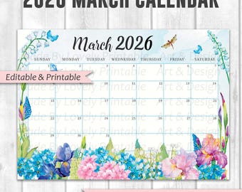 EDITABLE March 2026 Calendar, Watercolor Spring flowers, garden scenery, Spring Planner, Printable Kids School Schedule, Instant Download