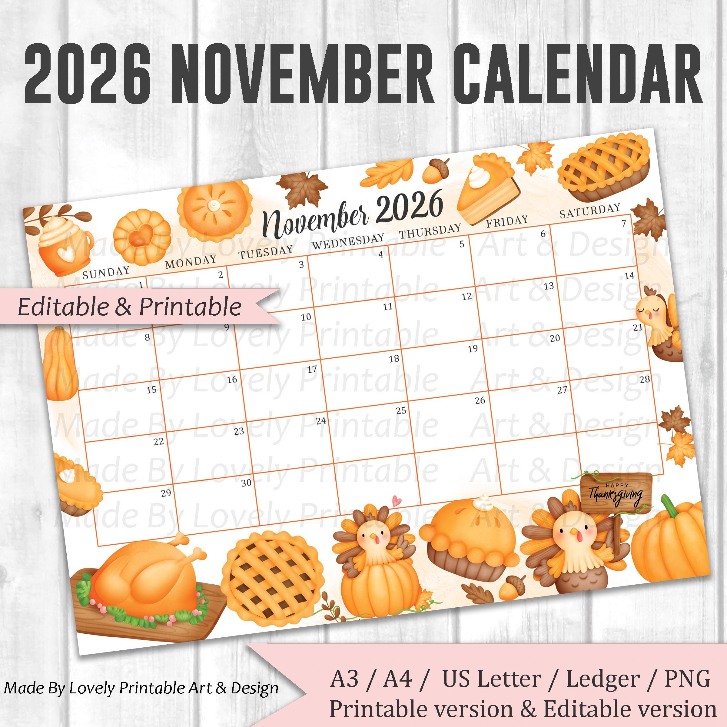 EDITABLE November 2026 Calendar, Watercolor Thanksgiving Day, Cute ...