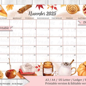 Calendario novembre 2025 MODIFICABILE, accogliente atmosfera autunnale, splendido autunno autunnale, calendario autunnale, pianificatore compilabile stampabile, programma scolastico per bambini
