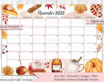 Calendario novembre 2025 MODIFICABILE, Atmosfera autunnale accogliente, splendido autunno, Calendario autunnale, Planner compilabile stampabile, Orario scolastico per bambini