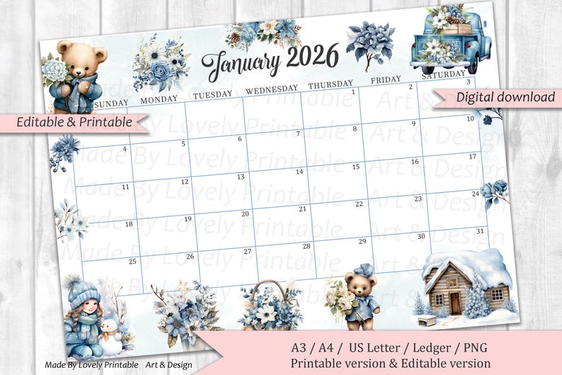 Editable January 2026 Calendar, Cute Bear & Beautiful Winter, Happy New ...