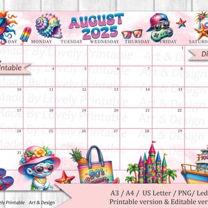 EDITABLE August 2025 Calendar, 90s Summer Beach, Joyful & Colorful Summer at the Beach, Printable Fillable Planner for Home  Work, Instant