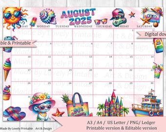 Calendario agosto 2025 MODIFICABILE, spiaggia estiva anni &#39;90, estate gioiosa e colorata in spiaggia, pianificatore compilabile stampabile per i compiti a casa, istantaneo