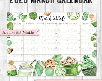 EDITABLE March 2026 Calendar, Happy St. Patrick's Day Planner, Printable Fillable Classroom Calendar, Kids School Schedule, Instant Download