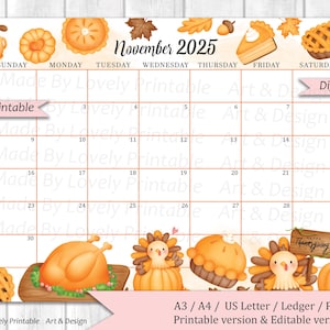 EDITABLE November 2025 Calendar, Watercolor Thanksgiving Day, cute Turkey, Autumn calendar, Printable Fillable Planner, Kids School Schedule