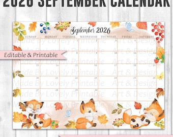 EDITABLE September 2026 Calendar, Cute watercolor fox, Forest animal, Calendar for kids, Printable Fillable Planner, Kid's School Schedule