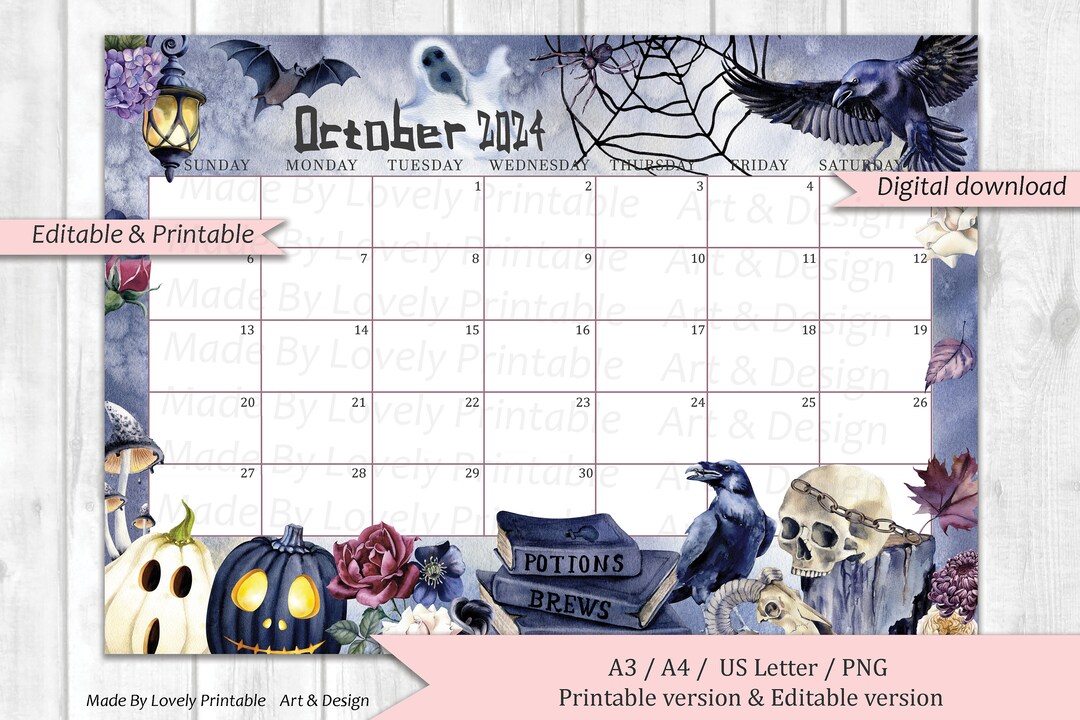 EDITABLE October 2024 Calendar Happy Spooky Halloween Planner 