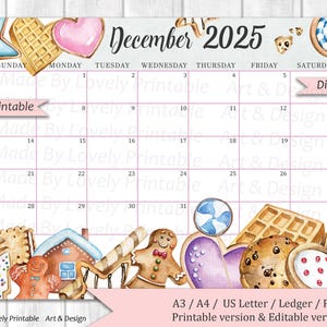 EDITABLE December 2025 Calendar, Christmas Sweets & drinks, Printable Monthly Calendar Planner, Kids School Schedule, Instant Download