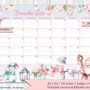 EDITABLE December 2025 Calendar, Pastel Christmas, Printable Monthly Calendar, Christmas Planner, Kids School Schedule, Instant Dow
