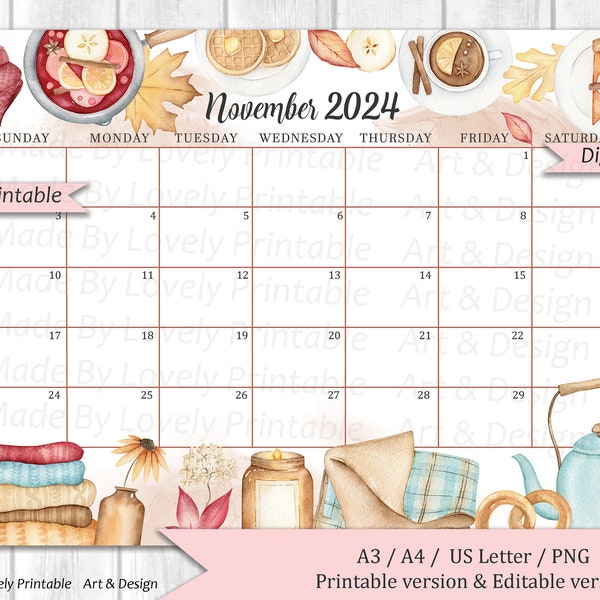 EDITABLE November 2024 Calendar, Cozy Autumn Mood, Fall Autumn, Thanksgiving calendar, Printable Fillable Planner, Kids School Schedule