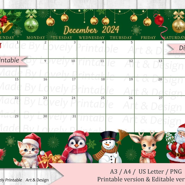 EDITABLE December 2024 Calendar, Joyful Merry Christmas, Printable Monthly Calendar, Christmas Planner, Kids School Schedule, Instant Downlo