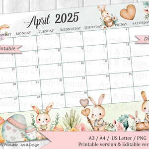 EDITABLE April 2025 Calendar, Monthly Planner, Happy Easter Day, Cute ...