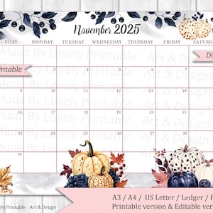 EDITABLE November 2025 Calendar, Watercolor Thanksgiving Day, Pumpkins, Autumn calendar, Printable Fillable Planner, Kids School Schedule