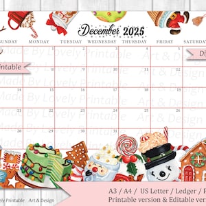 EDITABLE December 2025 Calendar, Christmas Sweets & drinks, Printable Monthly Calendar, Christmas Planner, Kids School Schedule, Instant Dow