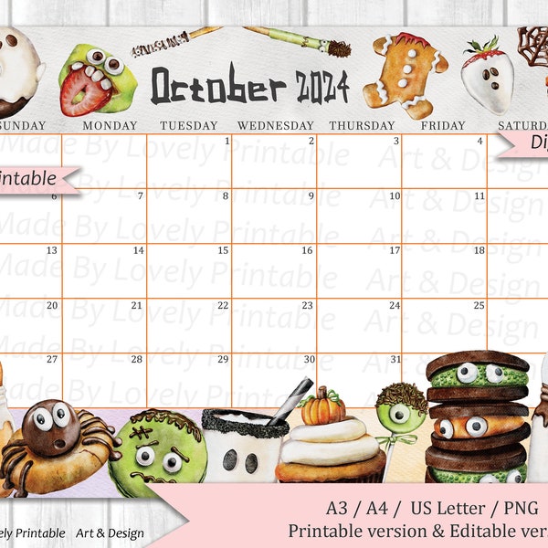 EDITABLE October Calendar, Cute Spooky Halloween Sweet Desserts, Printable Monthly Calendar Planner, Kids School Schedule, Instant Download
