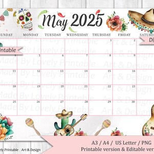 Calendrier modifiable de mai 2025, agenda Cinco De Mayo, agenda mensuel, agenda imprimable modifiable, calendrier scolaire pour enfants, téléchargement immédiat
