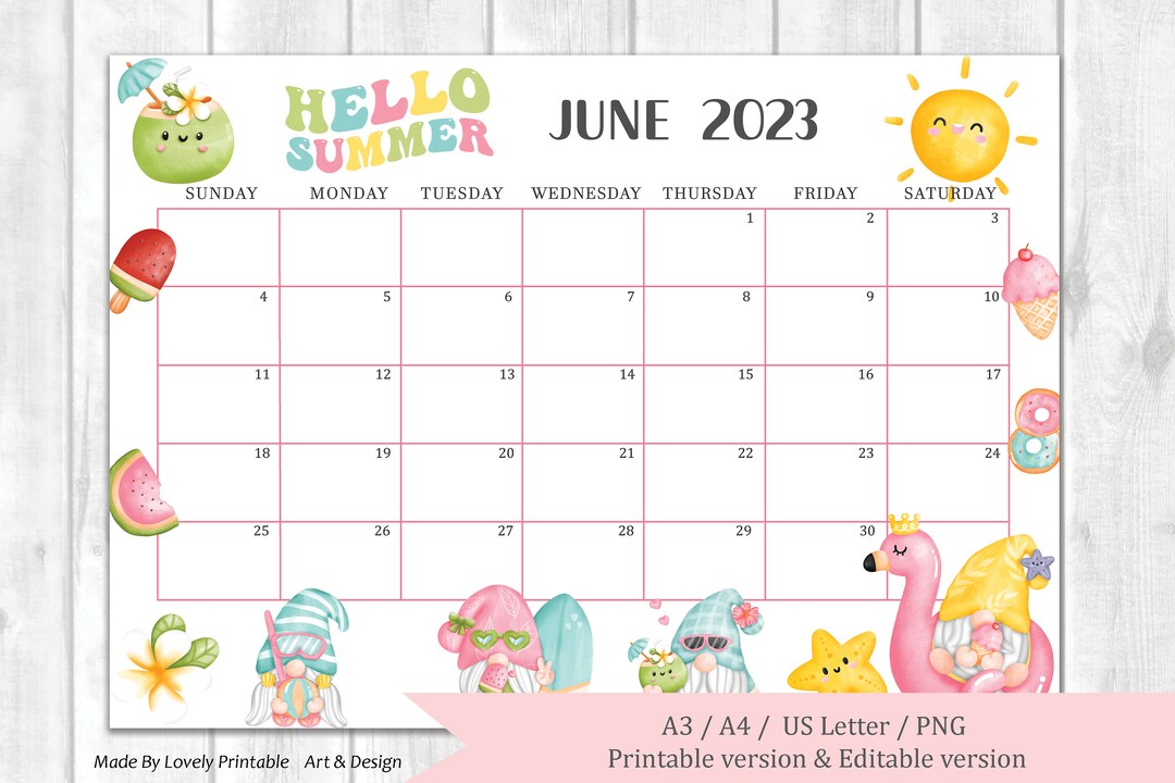 EDITABLE June Calendar Hello Summer With Cute Gnome Colorful - Etsy