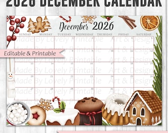 EDITABLE December 2026 Calendar, Christmas Sweets & drinks, Printable Monthly Calendar Planner, Kids School Schedule, Instant Download